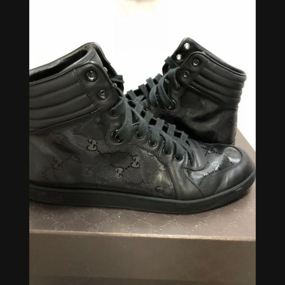 Men's Gucci Imprime GG Monogram High Top Black Leather Sneakers Size 9G 10Us